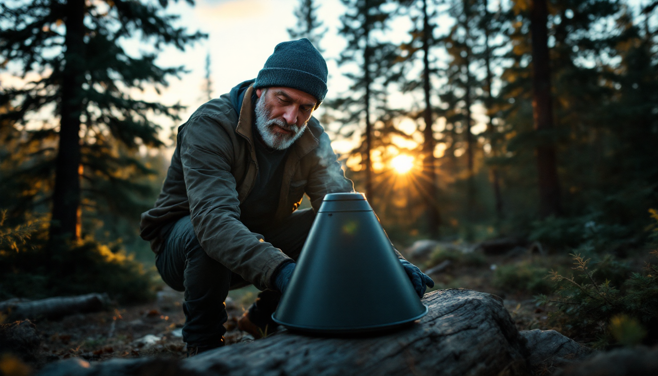 Outdoorsman testing bug shield device at dusk